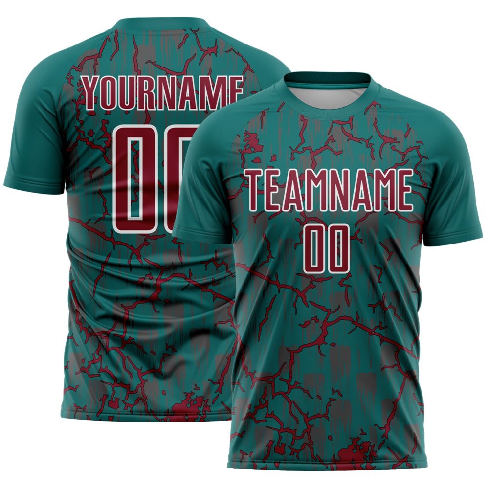 Custom Teal Crimson-White Lightning Sublimation Soccer Uniform Jersey
