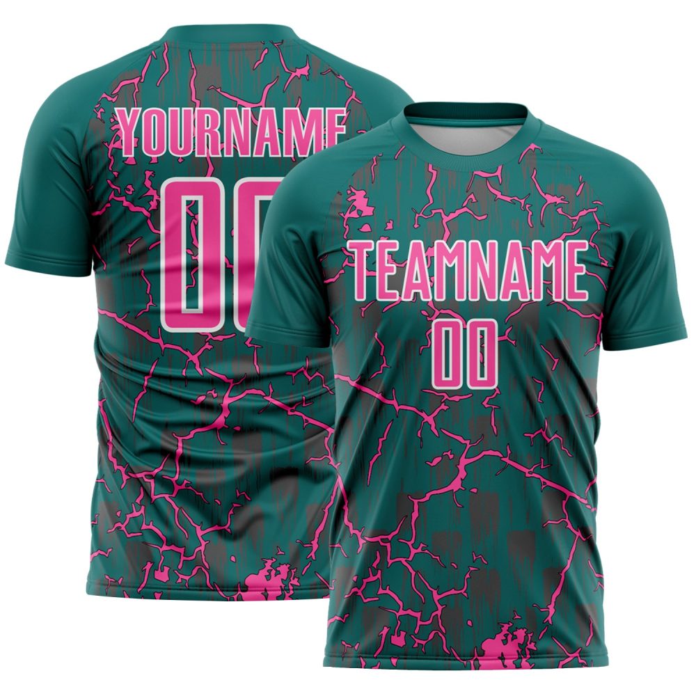 Custom Teal Pink-White Lightning Sublimation Soccer Uniform Jersey