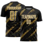 Custom Black Old Gold-White Abstract Fragment Art Splash Sublimation Soccer Uniform Jersey