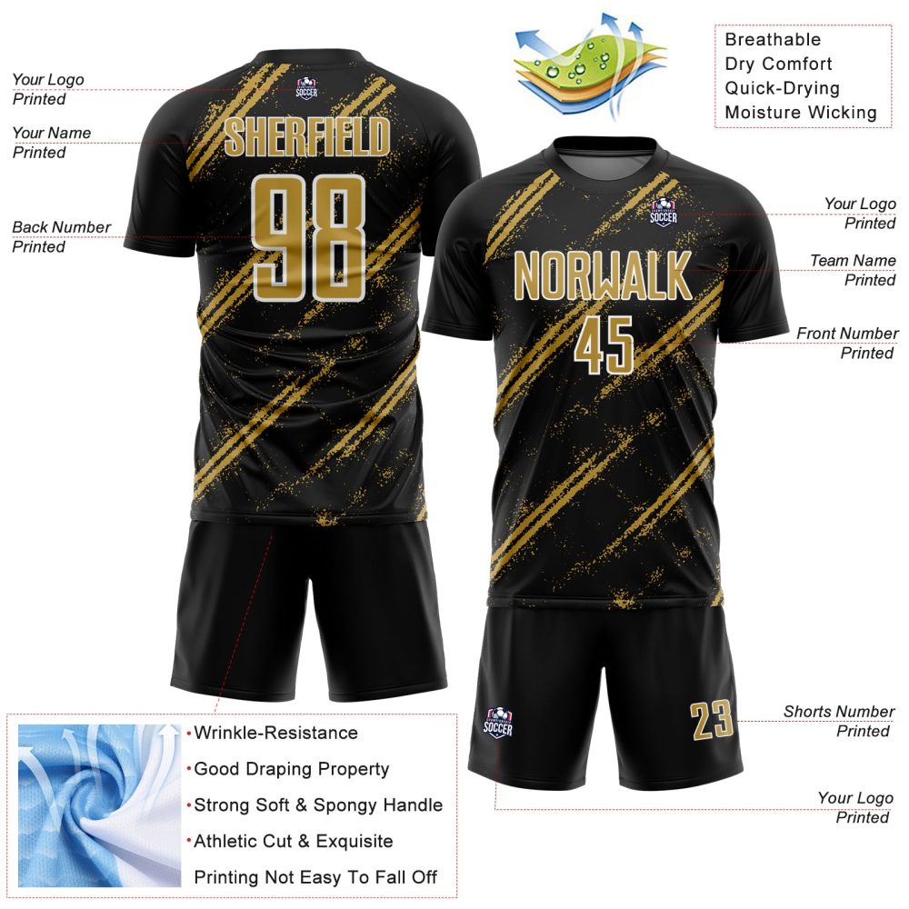 Custom Black Old Gold-White Abstract Fragment Art Splash Sublimation Soccer Uniform Jersey