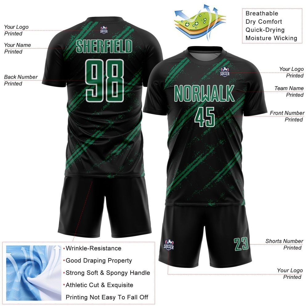 Custom Black Kelly Green-White Abstract Fragment Art Splash Sublimation Soccer Uniform Jersey
