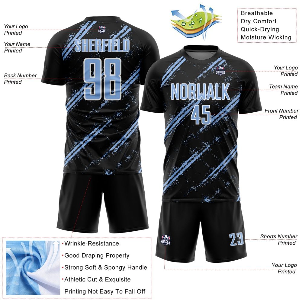 Custom Black Light Blue-White Abstract Fragment Art Splash Sublimation Soccer Uniform Jersey