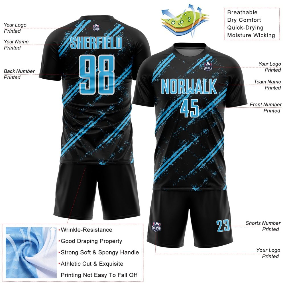 Custom Black Sky Blue-White Abstract Fragment Art Splash Sublimation Soccer Uniform Jersey